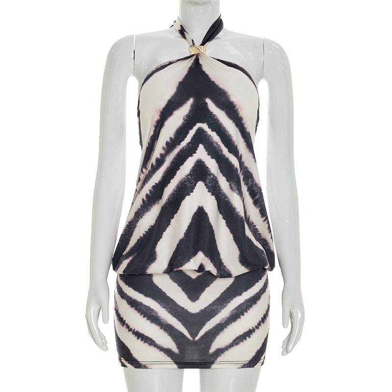 Black & White Zebra Print Halter Mini Dress