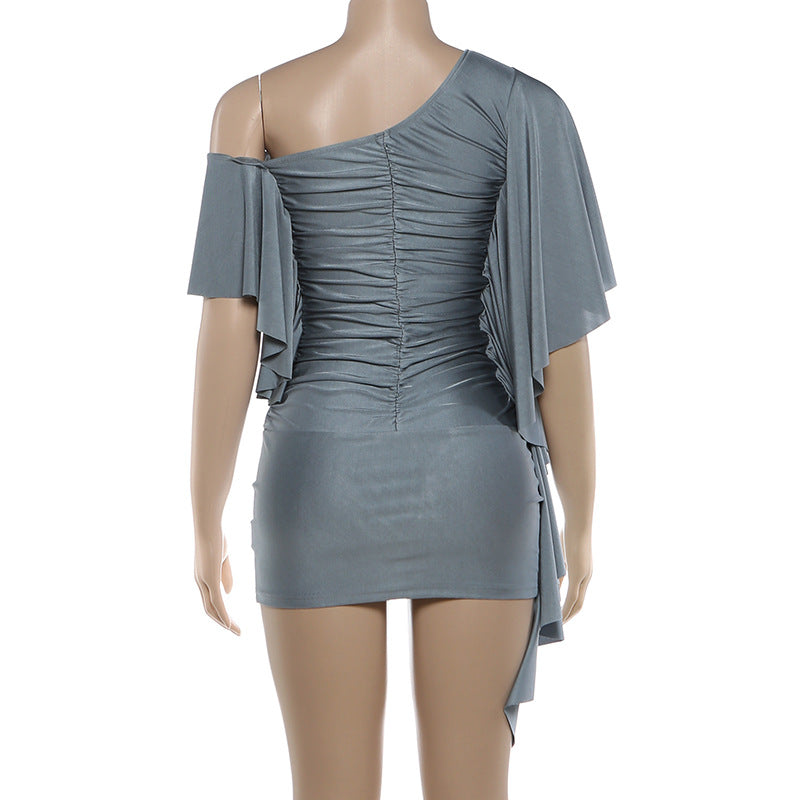 One Shoulder Ruched Satin Mini Dress