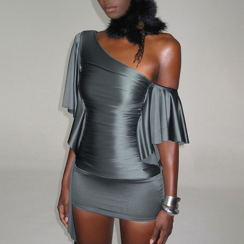 One Shoulder Ruched Satin Mini Dress