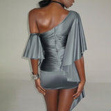 One Shoulder Ruched Satin Mini Dress