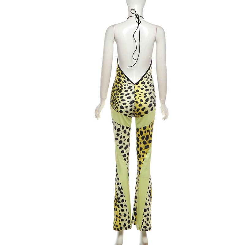 Leopard Print Halter Flare Jumpsuit