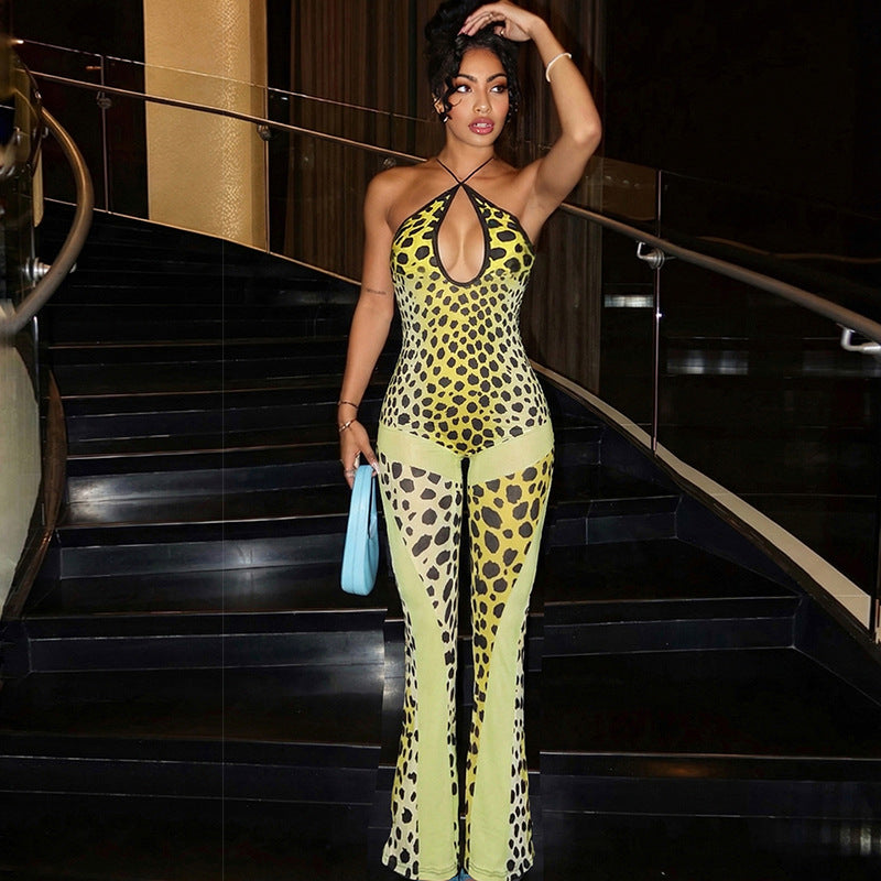 Leopard Print Halter Flare Jumpsuit