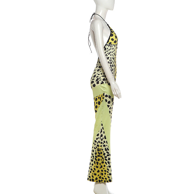 Leopard Print Halter Flare Jumpsuit