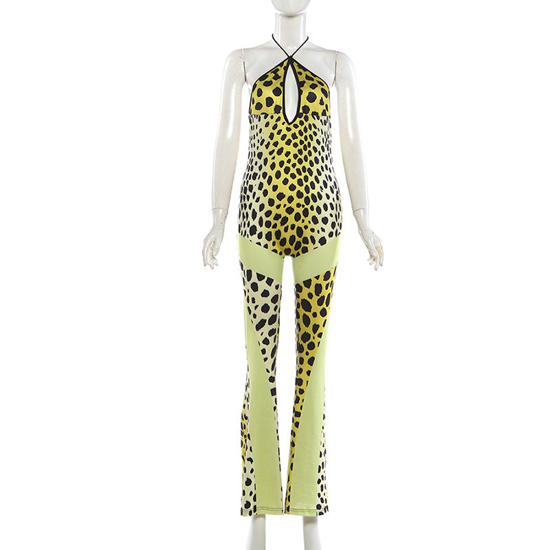 Leopard Print Halter Flare Jumpsuit