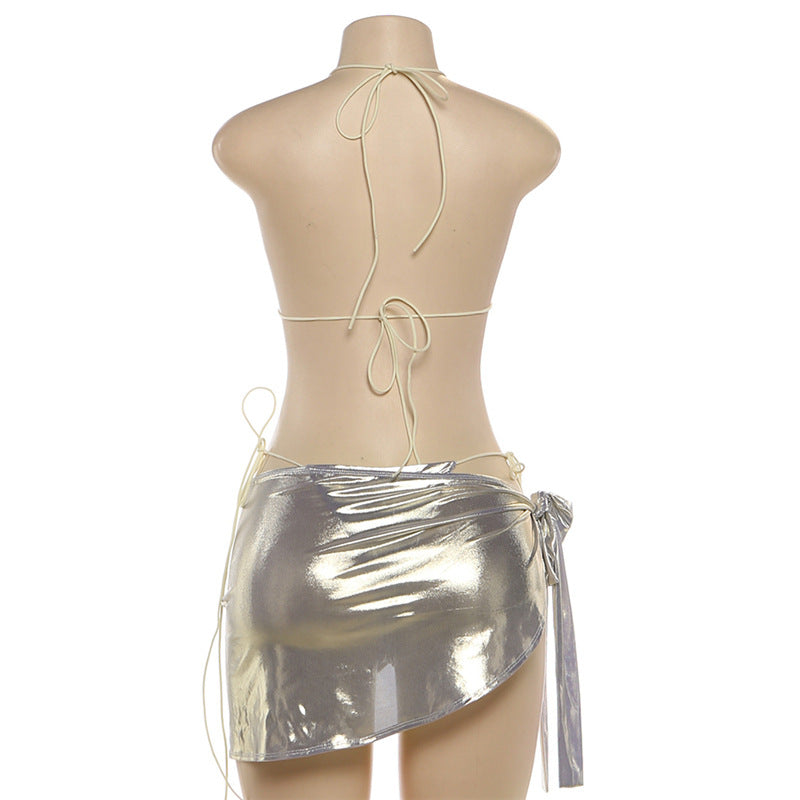 Metallic Bikini and Skirt Set