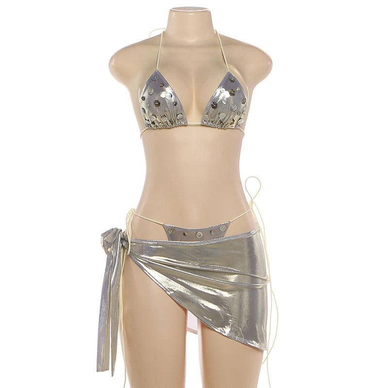 Metallic Bikini and Skirt Set