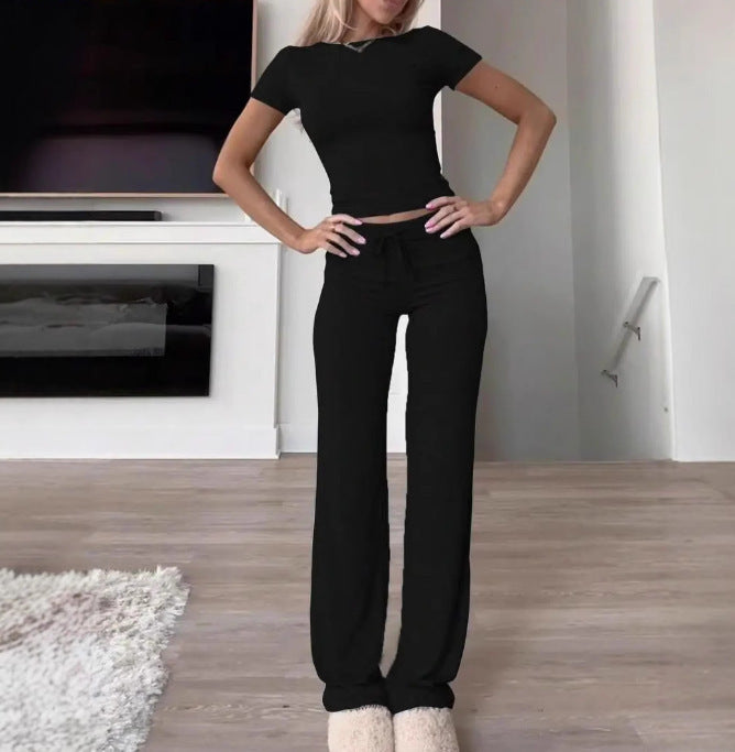 Solid Crop Top & Wide Leg Lounge Pant Set