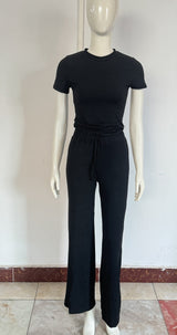Solid Crop Top & Wide Leg Lounge Pant Set
