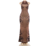 Printed Halter Open Back Maxi Dress Sexy Fit