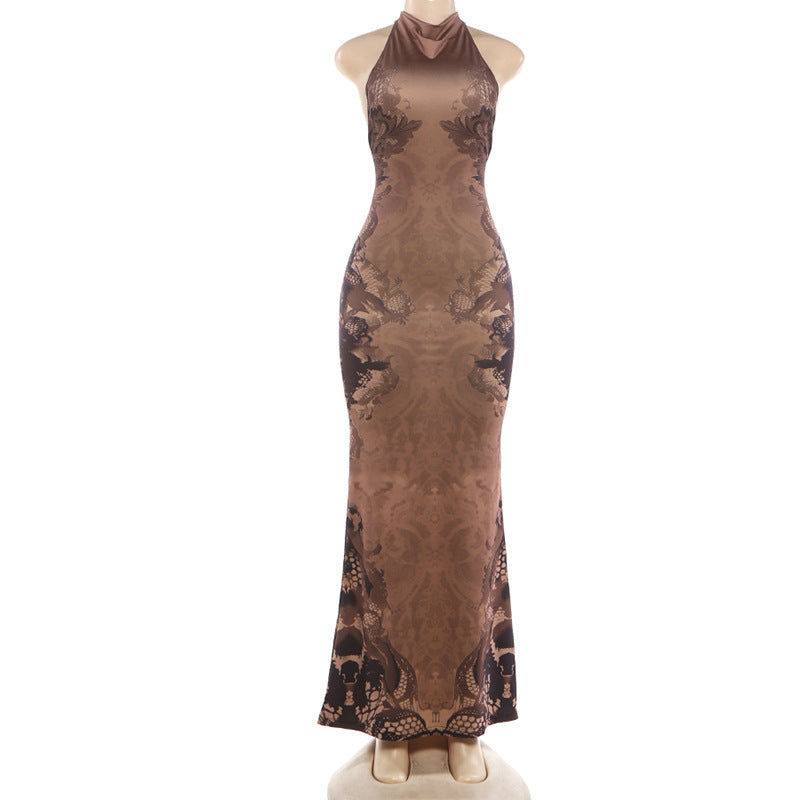 Printed Halter Open Back Maxi Dress Sexy Fit
