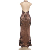 Printed Halter Open Back Maxi Dress Sexy Fit