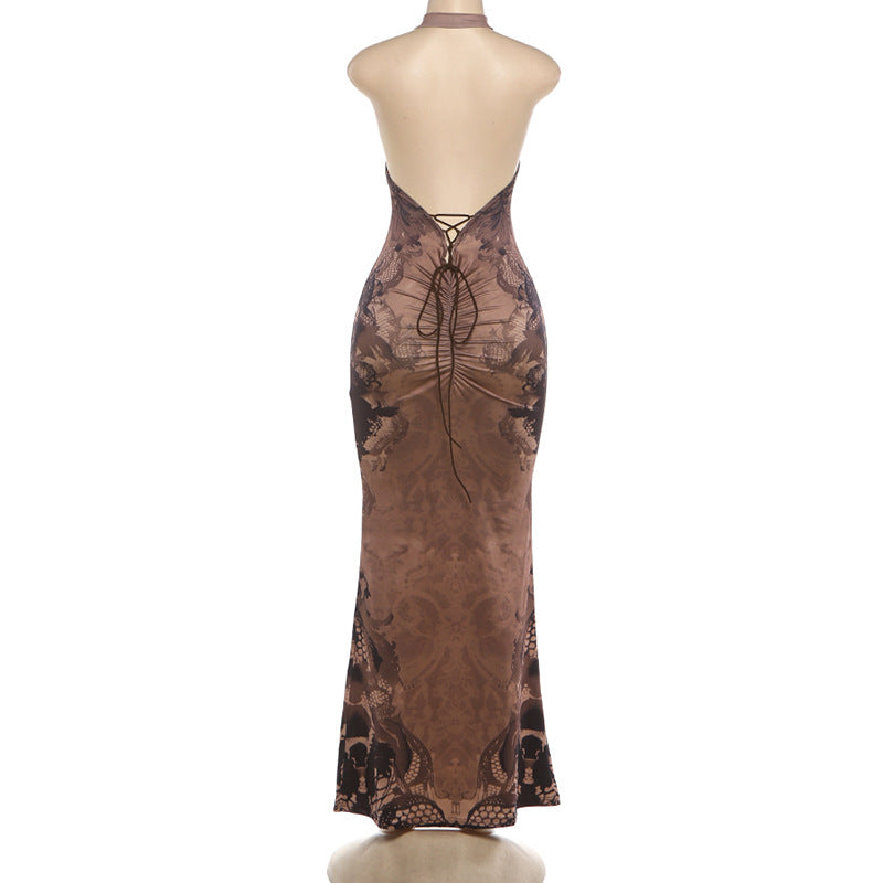 Printed Halter Open Back Maxi Dress Sexy Fit