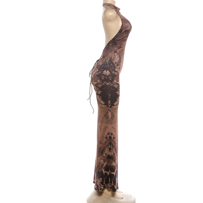 Printed Halter Open Back Maxi Dress Sexy Fit