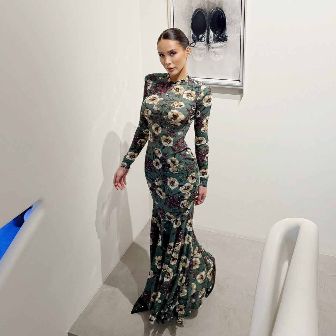 Floral Mesh Long Sleeve Mermaid Maxi Dress