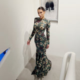 Floral Mesh Long Sleeve Mermaid Maxi Dress
