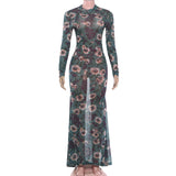 Floral Mesh Long Sleeve Mermaid Maxi Dress