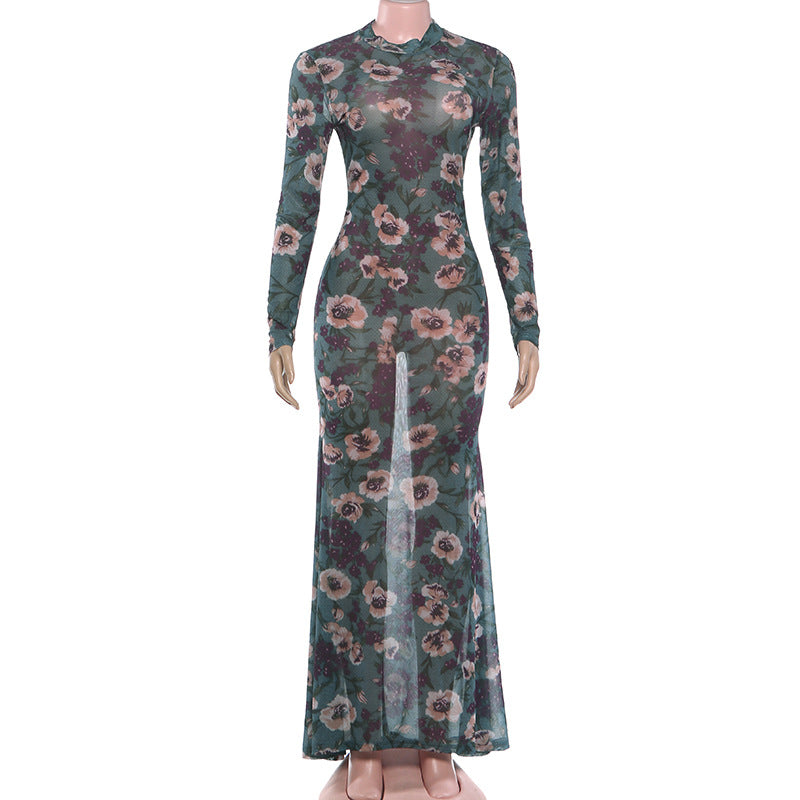 Floral Mesh Long Sleeve Mermaid Maxi Dress