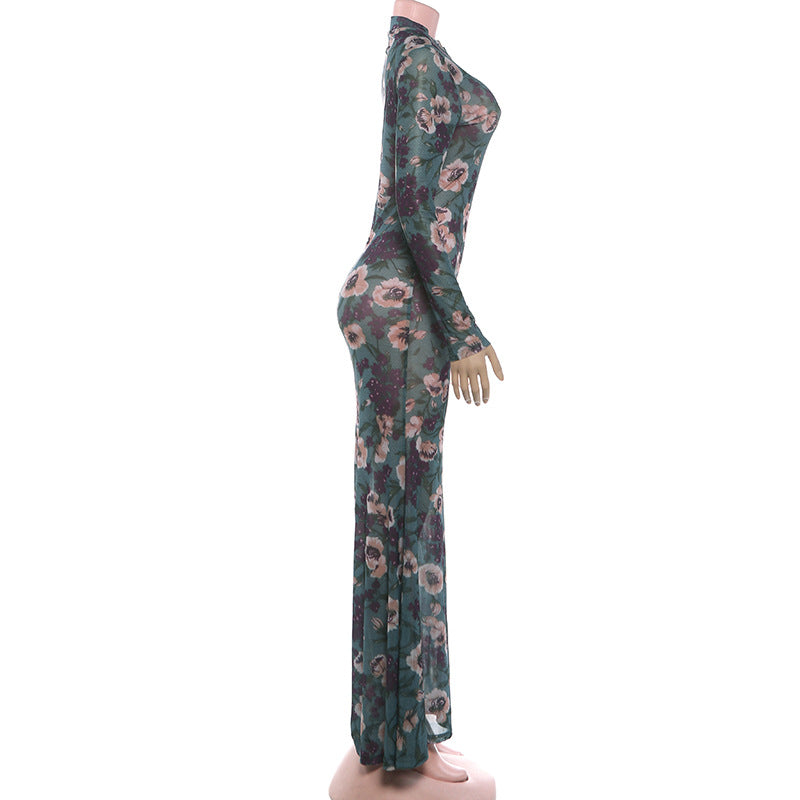Floral Mesh Long Sleeve Mermaid Maxi Dress