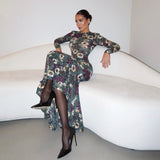 Floral Mesh Long Sleeve Mermaid Maxi Dress