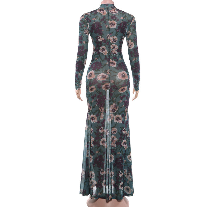 Floral Mesh Long Sleeve Mermaid Maxi Dress
