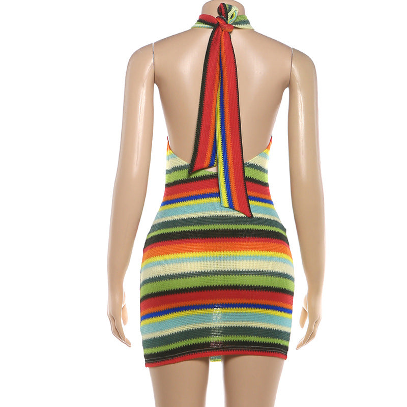 Striped Halter Knit Mini Dress Open Back Sexy