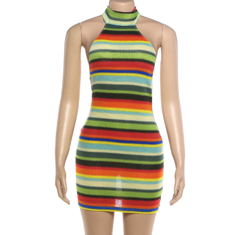Striped Halter Knit Mini Dress Open Back Sexy