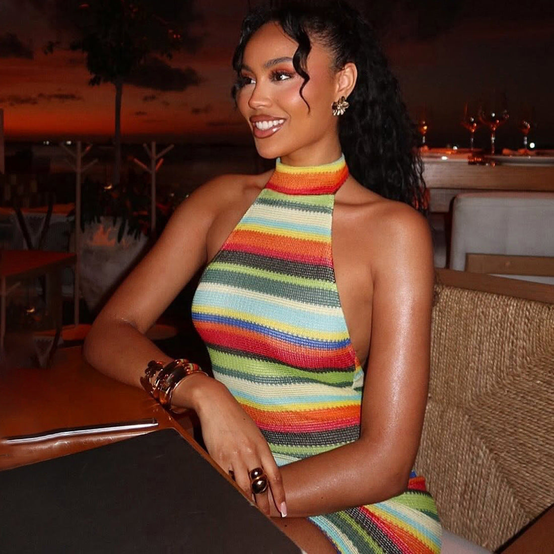 Striped Halter Knit Mini Dress Open Back Sexy