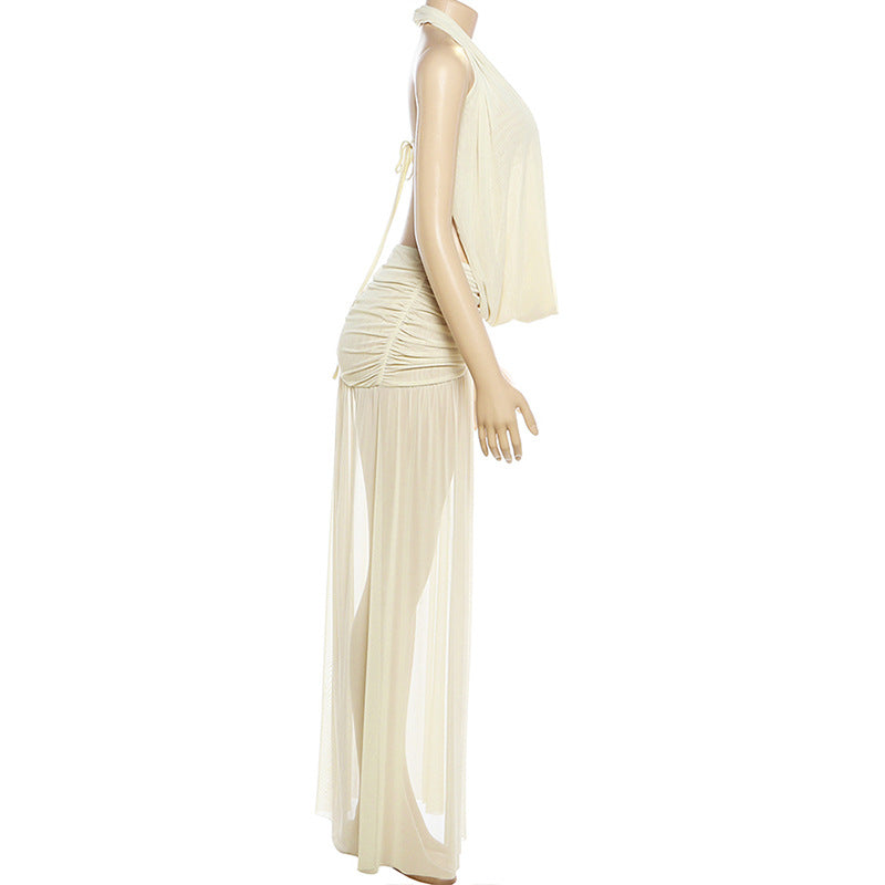 Halter Backless Ruched Maxi Dress Cover Up Set