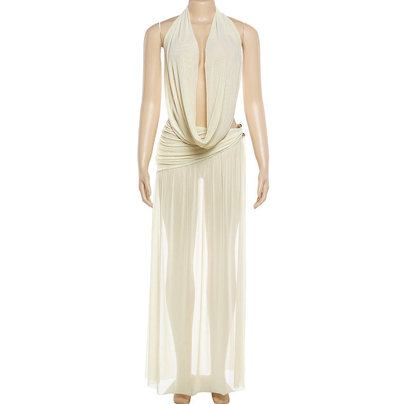 Halter Backless Ruched Maxi Dress Cover Up Set
