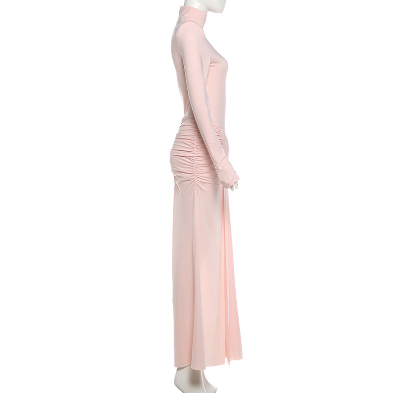 Mock Neck Ruched Maxi Dress With Slit Chic