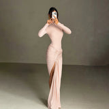 Mock Neck Ruched Maxi Dress With Slit Chic
