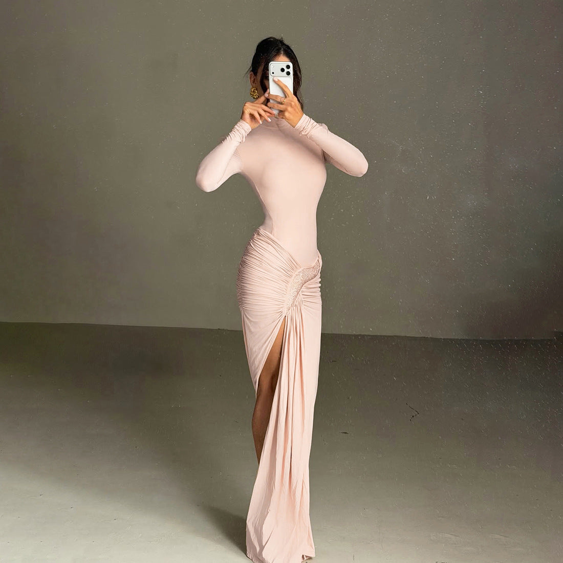 Mock Neck Ruched Maxi Dress With Slit Chic