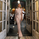 Mock Neck Ruched Maxi Dress With Slit Chic