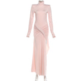Mock Neck Ruched Maxi Dress With Slit Chic