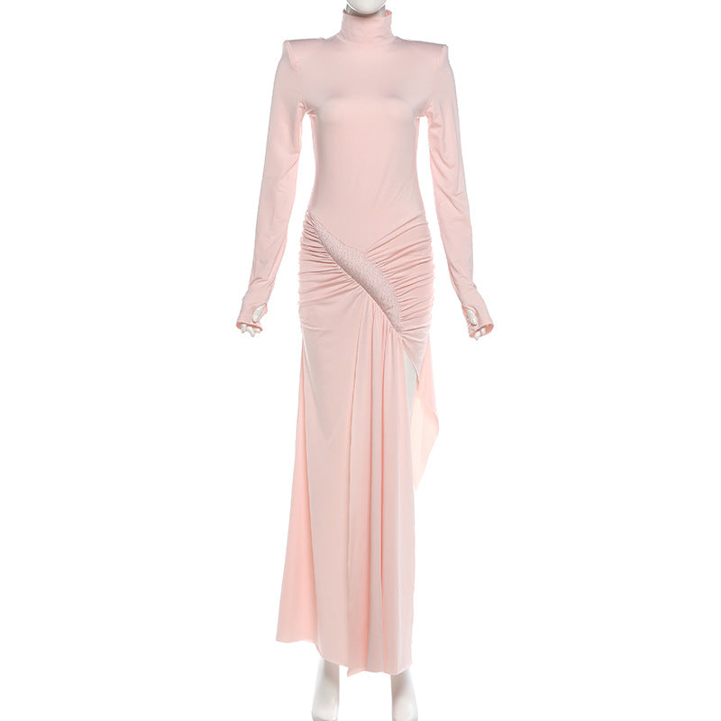 Mock Neck Ruched Maxi Dress With Slit Chic