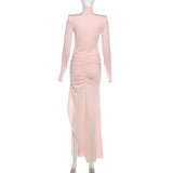 Mock Neck Ruched Maxi Dress With Slit Chic