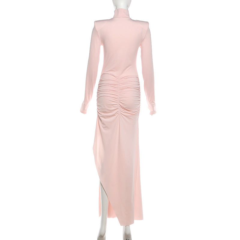 Mock Neck Ruched Maxi Dress With Slit Chic