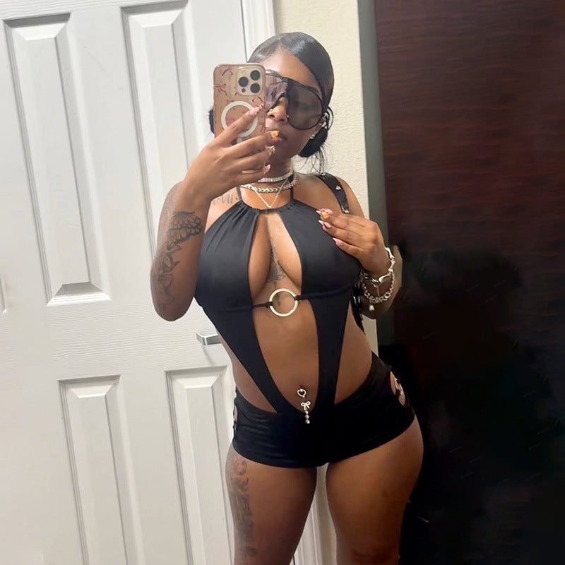 Cutout Halter Romper With Ring Detail Sexy Fit