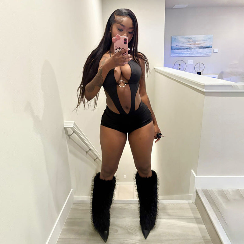 Cutout Halter Romper With Ring Detail Sexy Fit