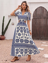 Floral Print Cutout Puff Sleeve Maxi Dress