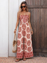Sun Burst Floral Print Halter Flare Jumpsuit