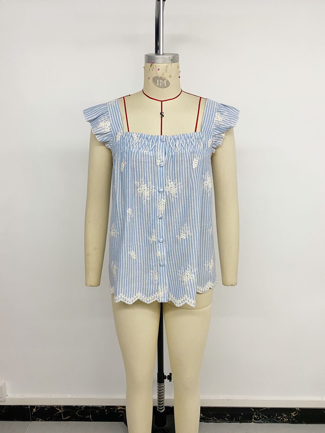 Striped Embroidered Ruffle Sleeve Blouse