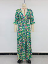 Printed Tiered V-Neck Maxi Vacation Dress