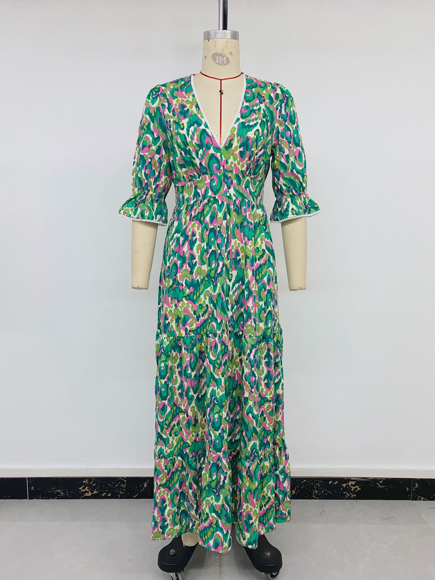 Printed Tiered V-Neck Maxi Vacation Dress