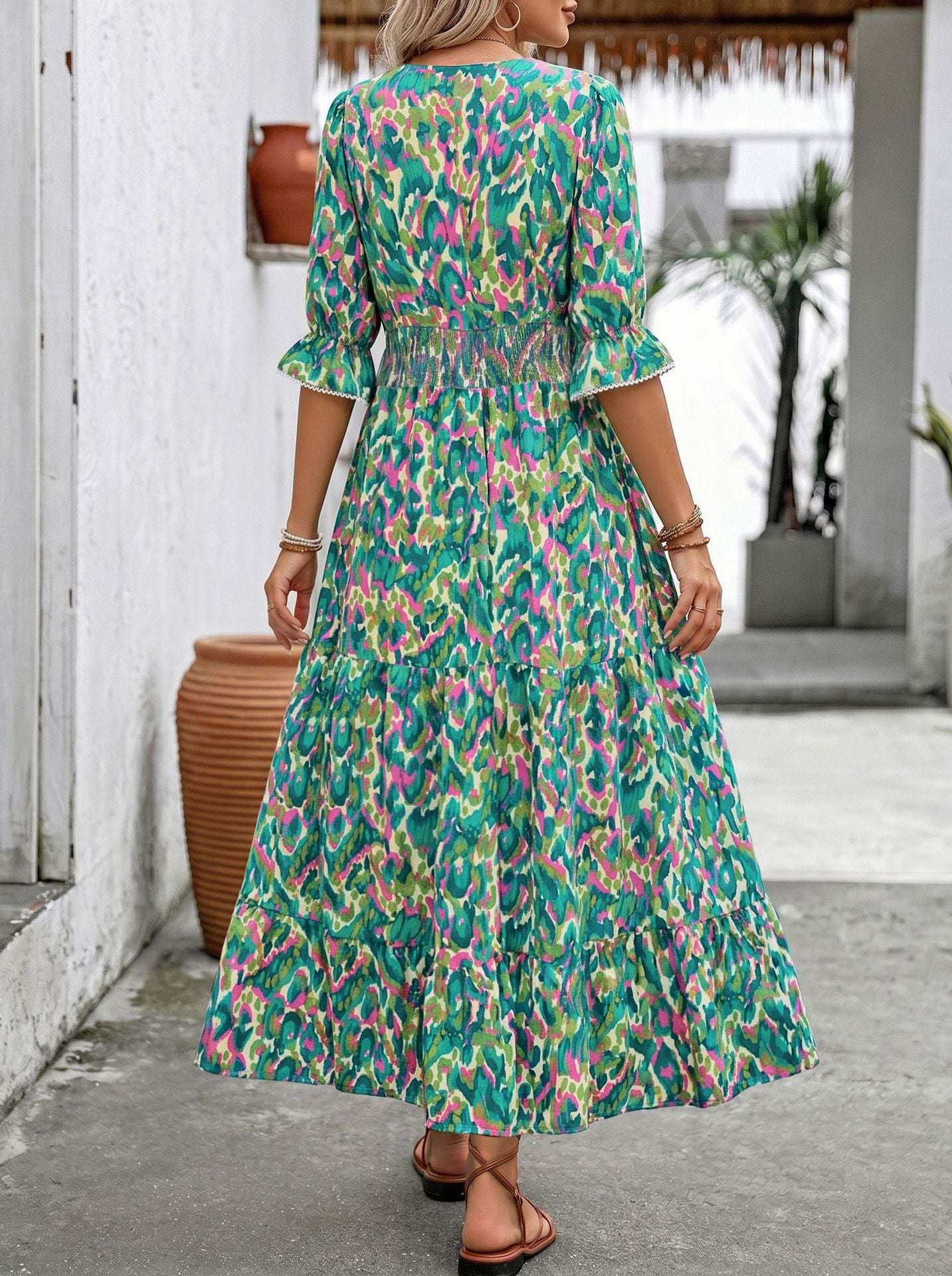 Printed Tiered V-Neck Maxi Vacation Dress