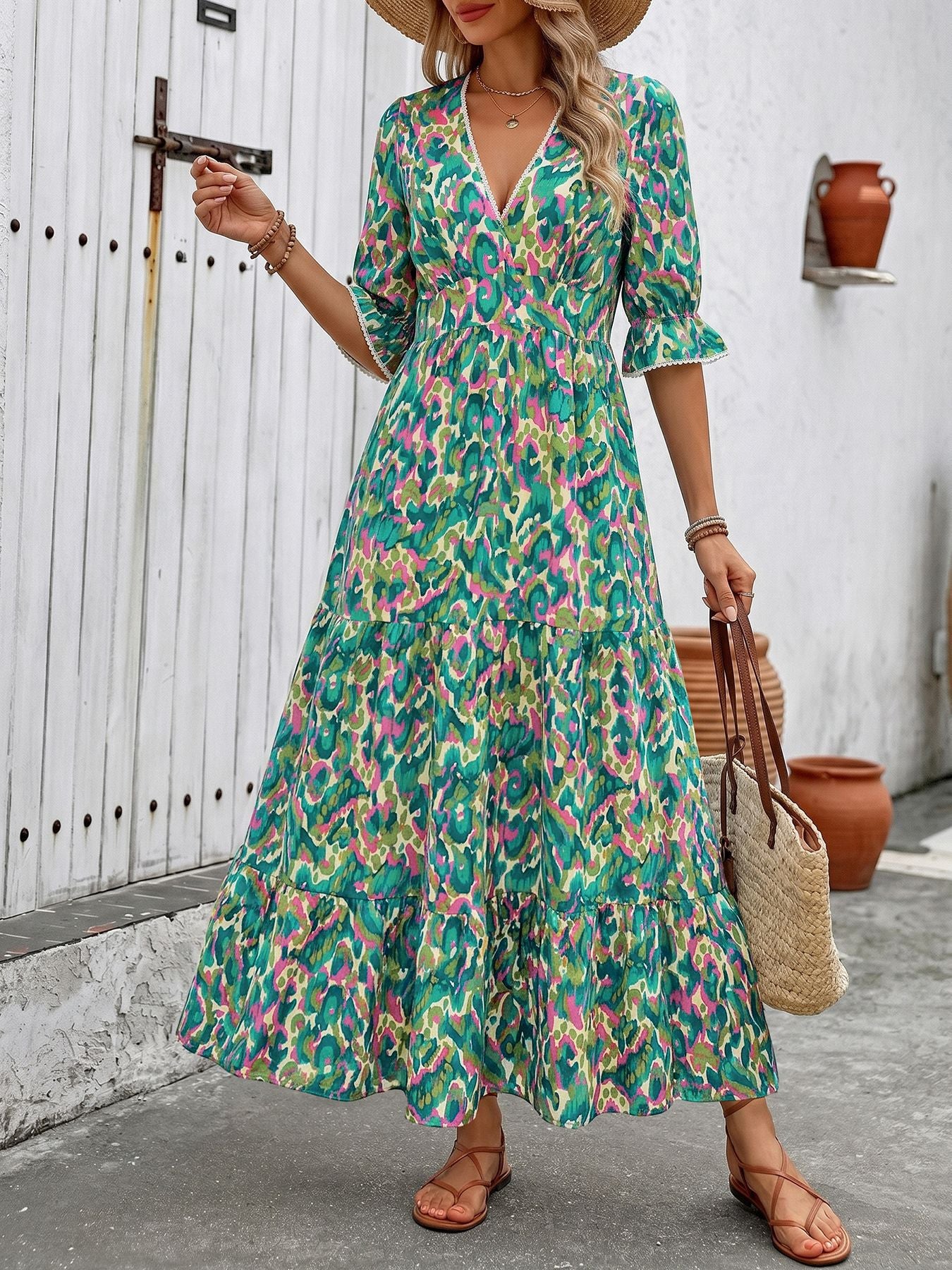 Printed Tiered V-Neck Maxi Vacation Dress