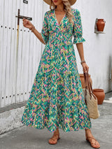 Printed Tiered V-Neck Maxi Vacation Dress