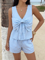 Striped Bow Detail Tank And Shorts Set