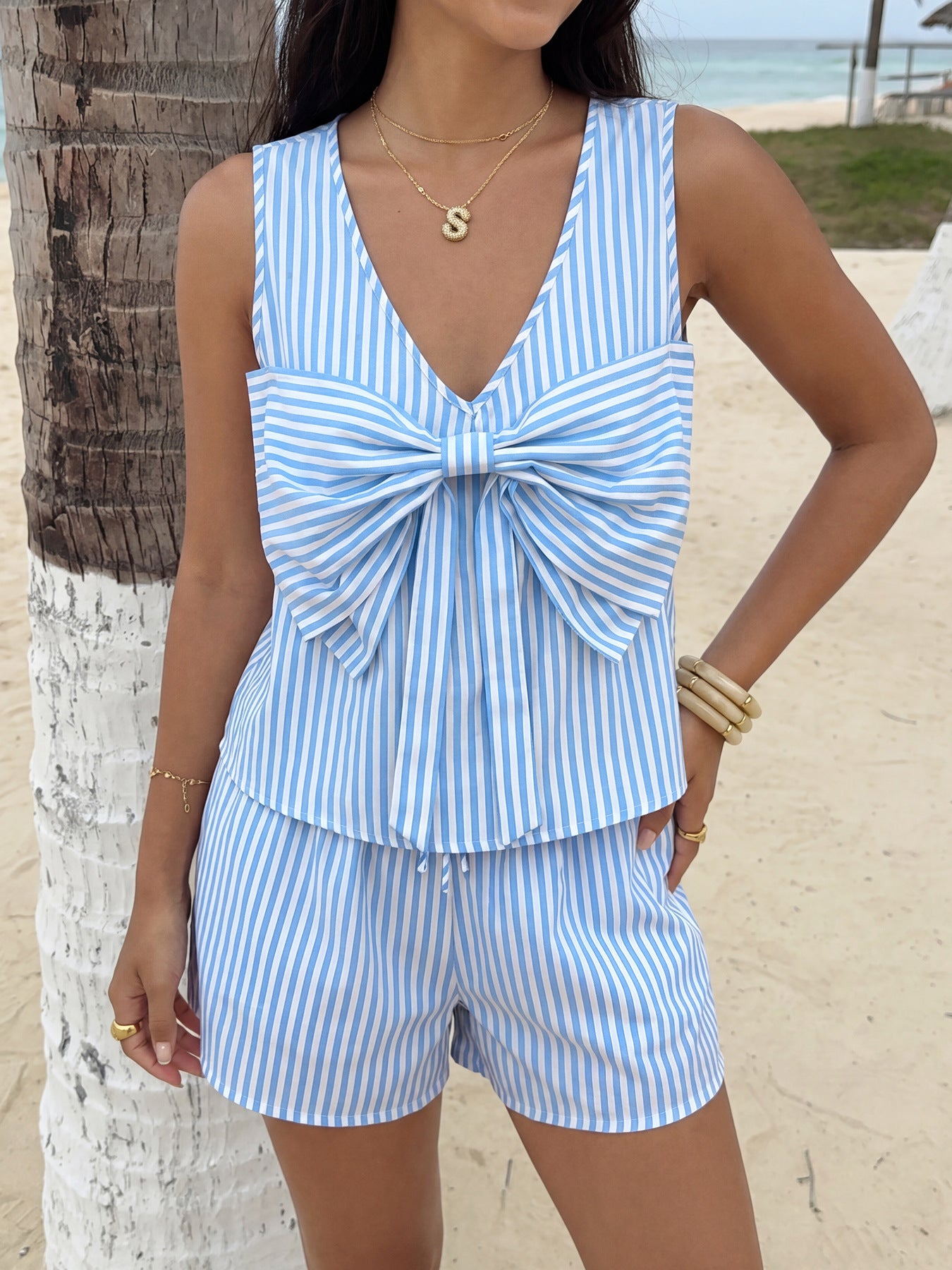 Striped Bow Detail Tank And Shorts Set
