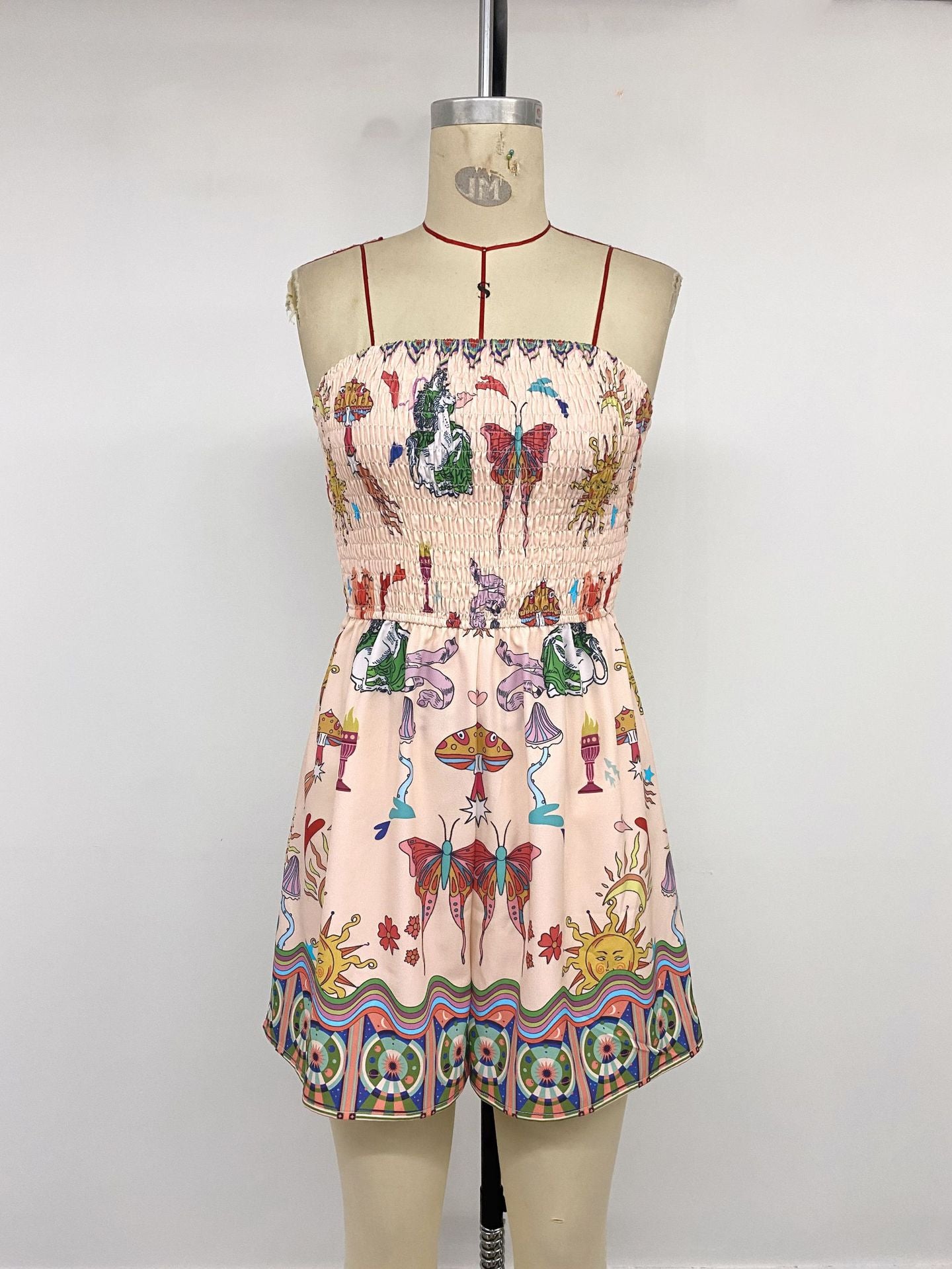 Printed Smocked Strapless Romper Vacation